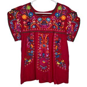 YZXDORWJ Red Floral Embroidery Tulip sleeve Mexican Bohemian Tunic Top Women M